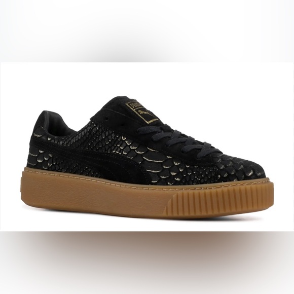 Puma Basket Platform Exotic Skin black/gold sneakers size 7.5 IMMACULATE - Picture 1 of 8